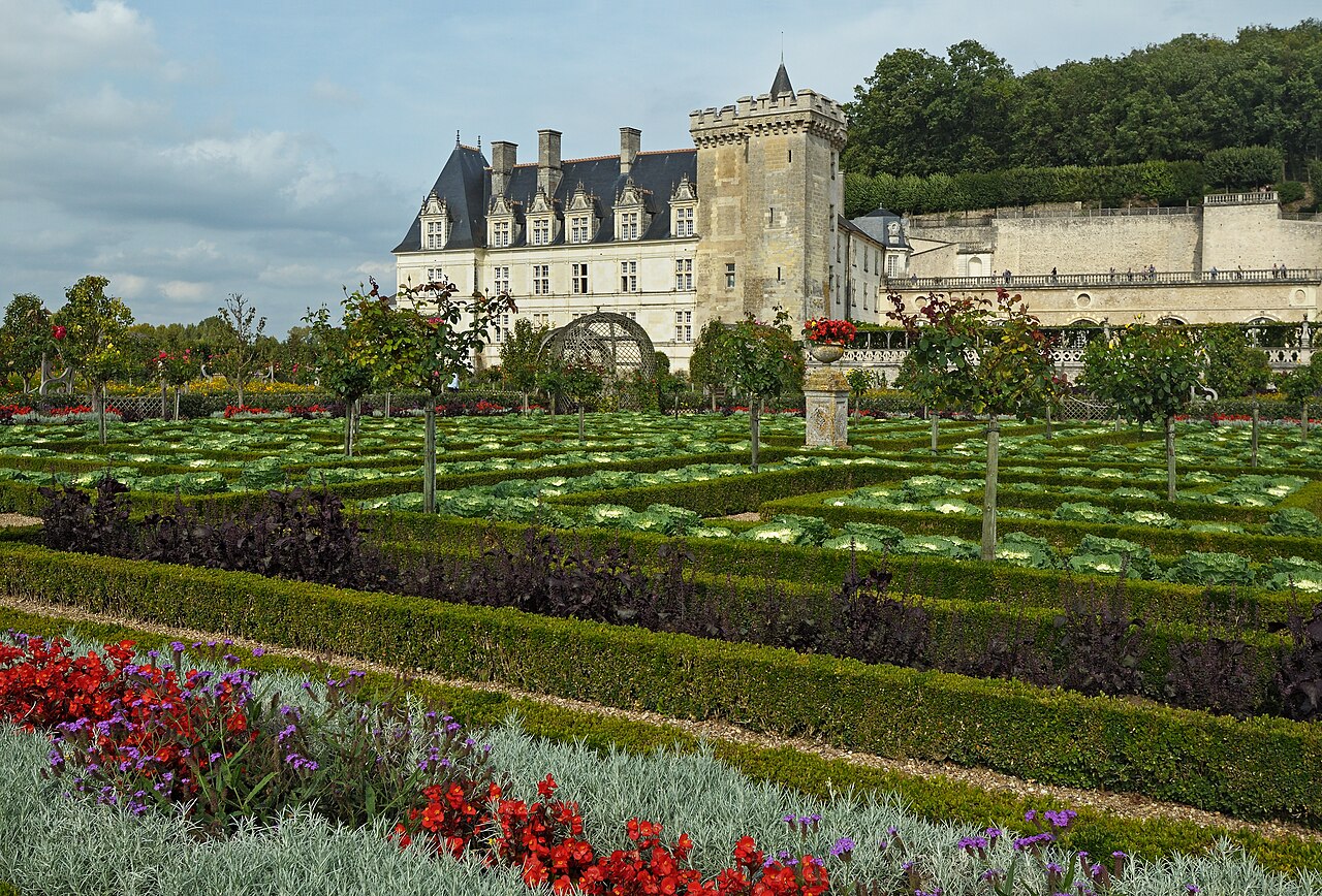 Vue aérienne des jardins Renaissance du château de Villandry avec le potager décoratif